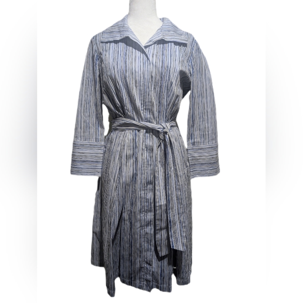 Joeffer Caoc SZ S/P Cotton Blue Striped Belt Shirt Dress 3/4 Sleeves Zipper EUC